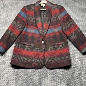 VTG 90s Coldwater Creek Aztec Southwest Blazer Jacket XL Wool USA‎ Red Gray